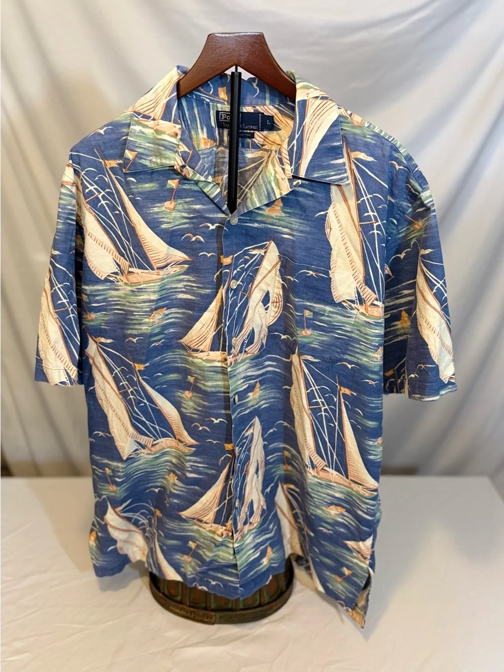 Polo Ralph Lauren Vintage Camp Shirt Men’s Lg Blue Nautical Short Sleeve (HH26)